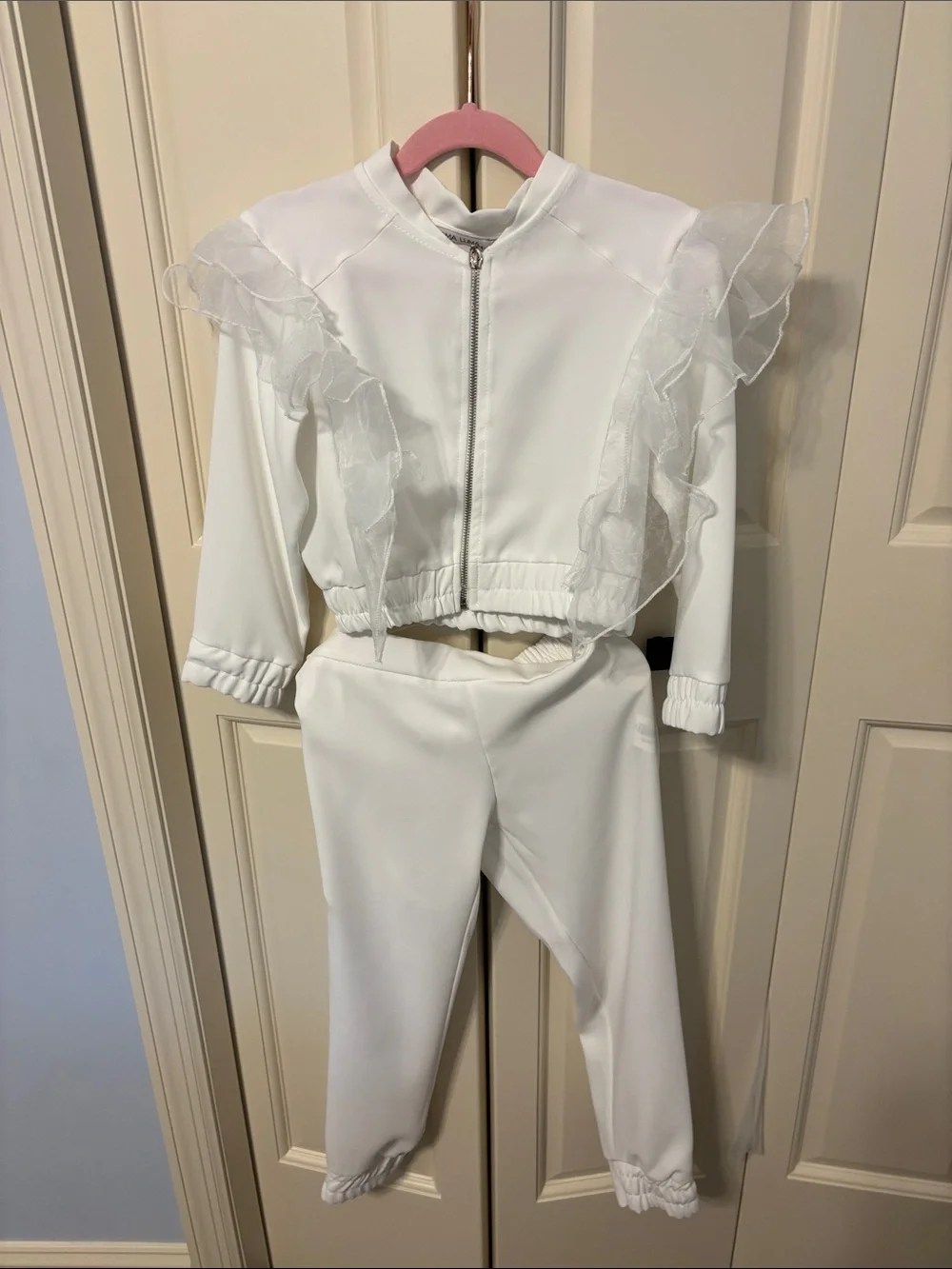 Girls White Ruffle-Trim Track Set - Zip Jacket & Joggers